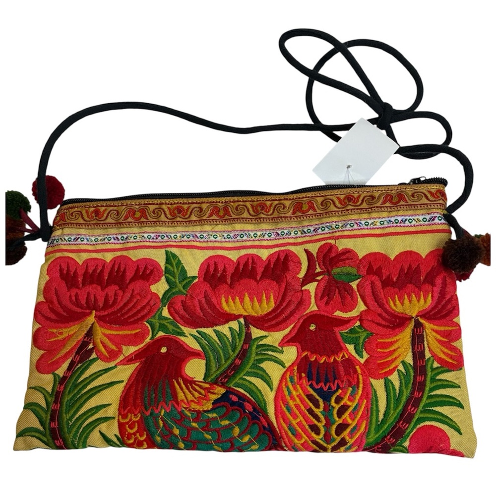 Fair Trade Hmong Embroidered Crossbody Bag Handmade Birds Floral Cotton NWT